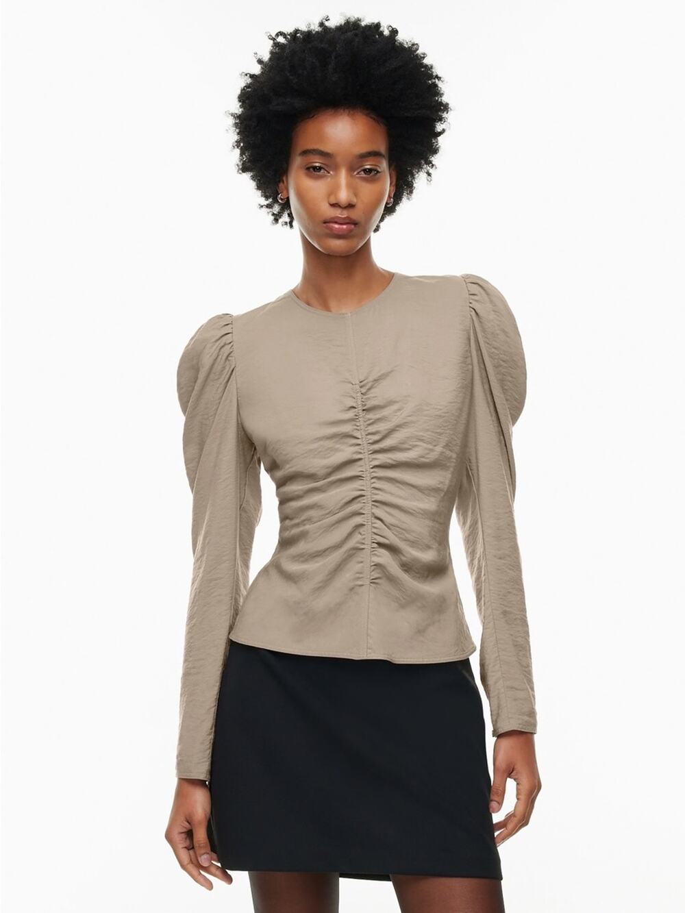 Aritzia Wilfred Henrietta Blouse Puff Sleeve Ruched Top Taupe Tan Size 4